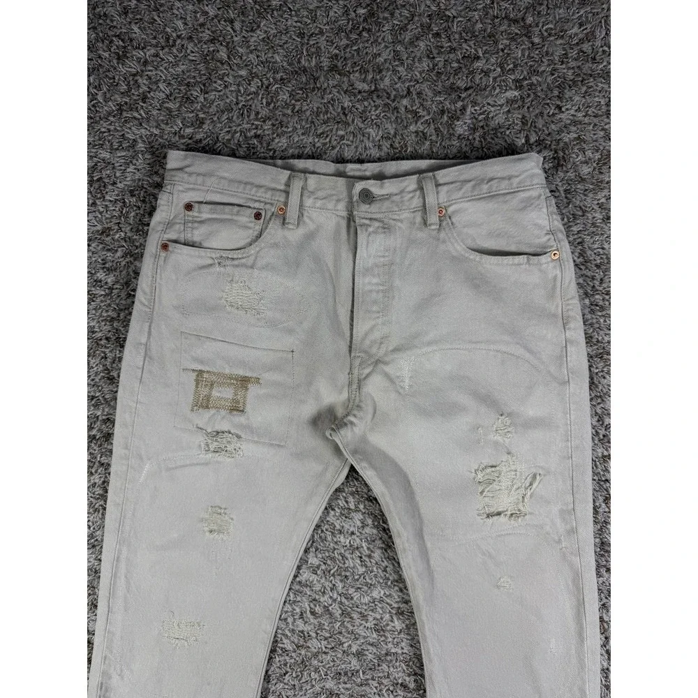 Levi's 501 Distressed Patchwork Denim Light Gray Jeans Men's Size 34x32